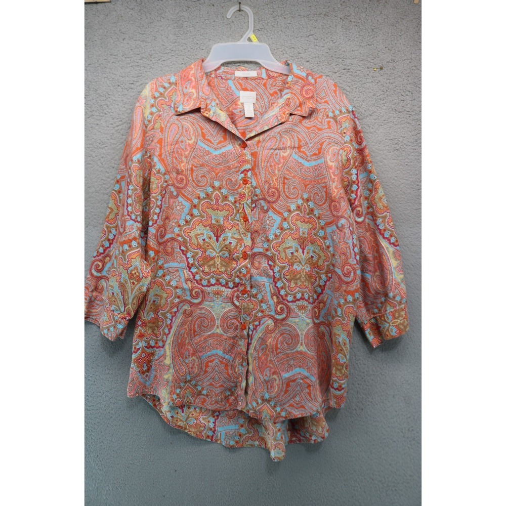 Chico's No Iron 3/4 Sleeve Orange Paisley Button Up 100% Linen Tunic-XL